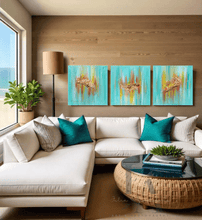 Living room with a large white sectional sofa, turquoise pillows, and a round coffee table, three turquoise minimalist paintings on the wall, and a large window with an ocean view. The paintings feature sea shells in gold, copper and yelow shades, and turquoise teal backround, inspired by the maldivian - carribean turuoise waters.