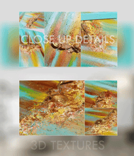 Close ups of three turquoise minimalist paintings  feature sea shells in gold, copper and yellow shades, and turquoise teal background, inspired by the Maldivian - Caribbean turquoise waters.