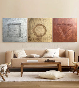 Gold Wall Art Set of Original 3d Minimalist Paintings, Gold Copper Silver Wall Art Triptych Abstract