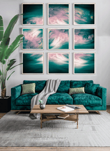 Colorful Abstract Botanical Art Small Framed Prints Set of 4 over coach in Livingroom setting, Boho Gallery Wall Decor Teal Red Floral Canvas, Boho Chic Floral Teal Red Wall Art for Eclectic Home Decor, Small Canvas Minimalist Wall Art Decor, sage green wall art, mother's day gift, Julia Apostolova, exotic decor, trendy decor, interior, hallway, spring decor, art gift for her, nursery art, housewarming, Exotic Painting, Abstract Wall Art, Modern Decor, Bold Wall Art Boho Decor, Office, Cottage  Decor