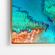 Close up Details of Huge Coastal Wall Art Decor, by Julia Apostolova. Extra Large Aerial Coastline Canvas Prints, Turquoise Waters, Rocks, Pebbles, Trend Wall Decor