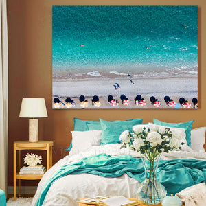Aerial Beach Wall Art, Beach Umbrellas Turquoise Waters, Ocean Waves Canvas Print Coastal Zen Decor
