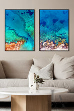 Coastal Wall Art Set of Two over couch in modern living room Decor. Extra Large Aerial Coastline Canvas Prints, features Turquoise Waters, Rocks, Pebbles, making cosy and relaxing atmosphere for Trend Office, Living Room, Bathroom or bedroom Wall Decor.