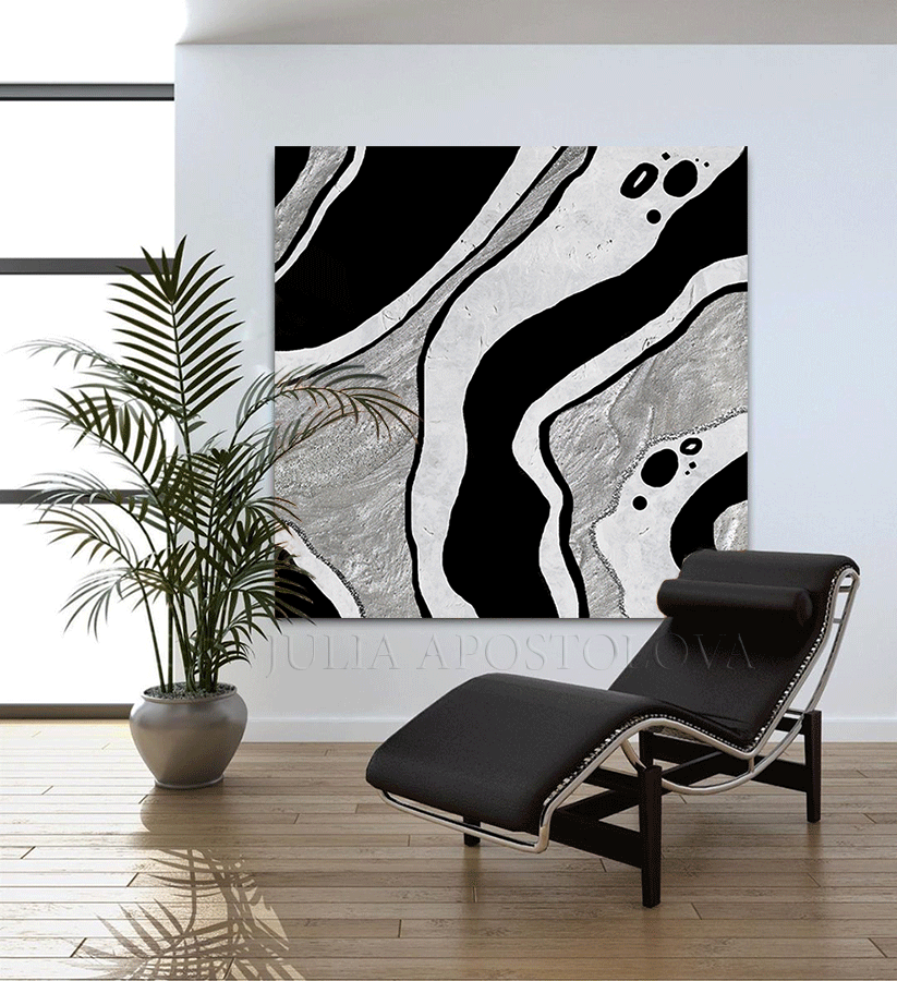 Large Wall Art Black White Silver Glitter Abstract Painting for Modern  Decor, Black White Canvas Art