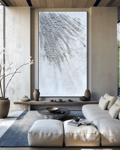 White Wabi Sabi wall art with 3D relief textures and silver details, designed for modern luxury homes. Elegant and minimalist artwork perfect for sophisticated home décor.