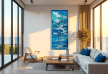 Coastal Abstract Art – Long Narrow Seascape Painting with Teal & Silver Shimmer