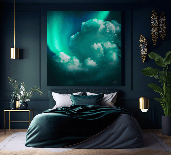 Aurora Borealis Abstract Cloud Art Celestial Painting Large Canvas Art Emerald Green Teal Wall Decor, office art, art for him, hotel lobby decor, airbnb wall decor, large canvas print, affordable art Large Canvas Art for Modern Home Office DecorCloud Wall Art on high qualify Canvas from Original Cloud Painting by artist Julia Apostolova, visual art, art above couch, perfect Teal Wall Art Trend Decor for Bedroom, ideal gift for him, art for living room, bedroom art above bed, teal art, cloud art, birthday 