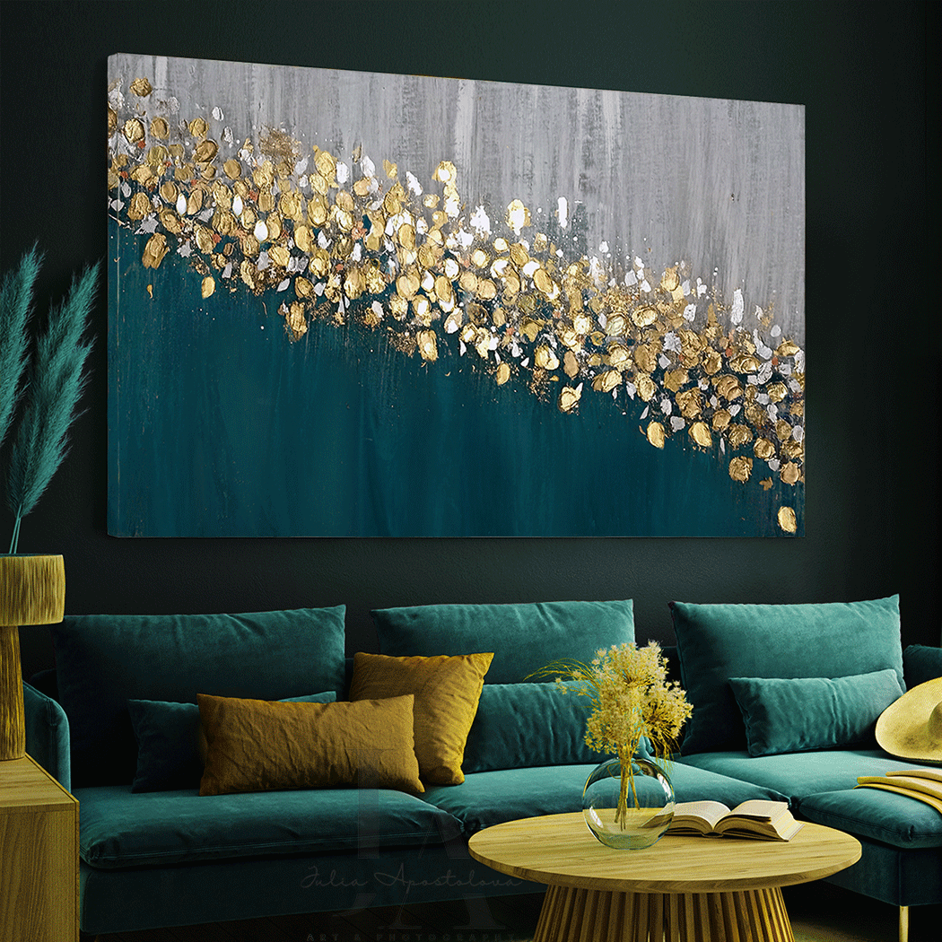 Elegant Dark Teal Gold Leaf Painting Texture Original Wall Art Modern –  Julia Apostolova, image size:1050x1050