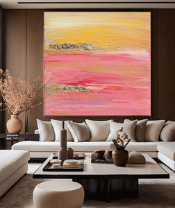 Painting Painting, Boho Decor, Gift for Her, Pink Yellow Gold Abstract Print, Minimal Art, Pink Yellow Gold, Interior, Decor, Livingroom, Interior Designer, Square Painting, Large Wall Art, ''The Light Of Peace Love And Hope'' Part 1, Gold Leaf Abstract Painting Canvas, Large Wall Art, Large Canvas Art, Original Abstract Painting, New Home Gift, Aesthetic Pastel Wall Art, Calming Landscape Painting, Neutral Tone Print, Acrylic Painting, Minimal Wall Art, Modern Art Print with Gold Leaf Embellishments