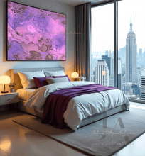 Modern styled bedroom with vibrant horizontal colorful abstract painting futured purple, lilac and pink colors. The overall design is sleek and contemporary, with a focus on natural light and a large floor-to-ceiling windows overlooking the cityscape view. The room features a large, low modern low bed, and decorative elements, lamps, a plush area rug. The overall design is sleek and contemporary, with a focus on natural light and the stunning cityscape view.