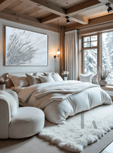 A cozy and inviting bedroom with a large White Wabi Sabi wall art with 3D relief textures and silver details on the wall, a plush white fur blanket on the bed, and large windows overlooking a snowy forest scene . The room features soft yellow lighting and a warm woolen rug to enhance the atmosphere