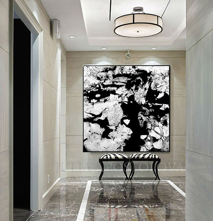 Abstract Wall Art Black White Canvas Painting Marble Mosaic With