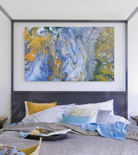 Blue Gold Abstract, Fluid Painting, Gold Leaf Art, Julia Apostolova, Ocean Painting, Coastal Decor, Interior, Canvas Print, Gold Leaf Metallic Shining Accents, Coastal Wall Art