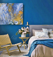 Blue Gold Abstract, Fluid Painting, Gold Leaf Art, Julia Apostolova, Ocean Painting, Coastal Decor, Interior, Canvas Print, Gold Leaf Metallic Shining Accents, Coastal Wall Art
