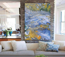 Blue Gold Abstract, Fluid Painting, Gold Leaf Art, Julia Apostolova, Ocean Painting, Coastal Decor, Interior, Canvas Print, Gold Leaf Metallic Shining Accents, Coastal Wall Art