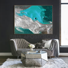 Turquoise Silver Wall Art Abstract Minimalist Painting, Modern Seascape Canvas Art Print,Coastal Art