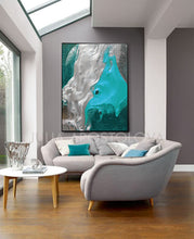 Turquoise Silver Wall Art Abstract Minimalist Painting, Modern Seascape Canvas Art Print,Coastal Art