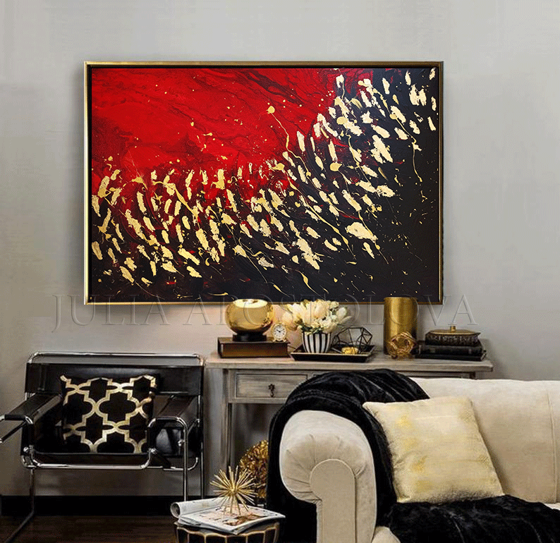 Small original drawing / Black, gold red / Psychedelic illustration / Abstarct figurative / online Modern interior design / Special gift