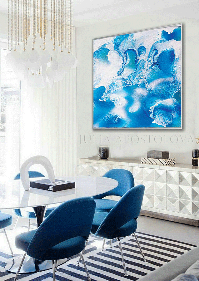 Turquoise Blue White Canvas Print, Abstract Ocean Painting, Sea