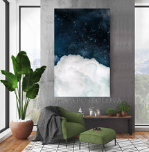 Blue Wall Art Cloud Painting, Dark Sky White Clouds, Large Canvas Cloud Abstract Galaxy Trendy Decor, Minimalist Art, Trend Wall Art, Julia Apostolova, bedroom art, interior, design decor, cumulus cloud, cumulus, white clouds artover bed, livingroom art, large wall art, home decor, celestial watercolor, celestial wall art, abstract clouds, abstract cloud wall art, abstract, cloud painting, boys room decor, office wall art, modern decor, luxury, textured canvas, hotel lobby decor, cloudscapes, navy blue