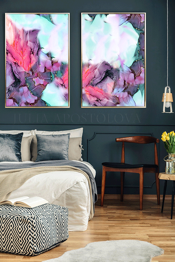 Original alcohol ink flower painting hand painted on canvas, abstract office decor, gift, present a4 set of shops 2