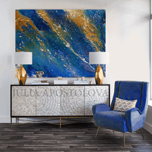 Navy Blue Abstract Ocean Painting with Gold, Galaxy Wall Art, Navy Blue and Gold, large print, Space Canvas Art Print Julia Apostolova, Navy Blue and Gold, Gold Leaf Canvas Print, galaxy watercolor, navy blue abstract, navy blue gold leaf, artcelestial abstract watercolor, walldecor, wall decor, wall art for lounge room, wall art, gold leaf print, gold leaf painting print, trending decor, trending art, trend decor, large painting on canvas large, living room decor, interior decor, interior, hotel lobby