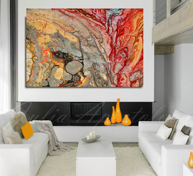 Red Gold Wall Art Colorful Abstract Canvas, Large Painting Gold Silver