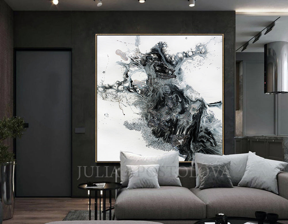 Large Wall Art Black White Silver Glitter Abstract Painting Modern Decor –  Julia Apostolova