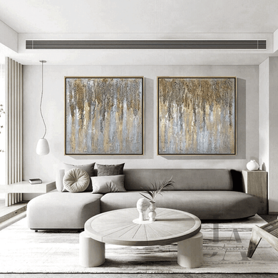 Set of two Original Framed Paintings  with Gold Floating Frames on the wall hanging over couch, Minimalist Art with Gray Silver Gold Colors, Rich 3d Textures, Neutral Abstract Diptych, Gold Leaf Wall Art Decor by artist julia apostolova original art for office interior decor, perfect art gift for him or for someone, gray wall art, silver minimalist wall decor,  silver leaf wall artwork and goldleaf, golden leaves, gray abstract, silver abstract, Champagne Silk Diptych