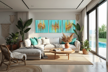 Modern living room with a sofa, coffee table, turquoise gold triptych painting, and decorative elements.