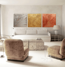 Modern living room with a gray sofa, beige armchairs, and 3d original abstract wall art by Julia Apostolova with gold silver and copper color scheme.