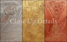 Close-up details of Original 3d textured paintings in silver, gold, and copper, by artist Julia Apostolova