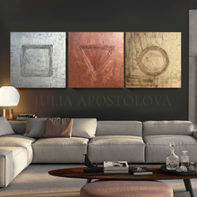 Gold Wall Art Set of Original 3d Minimalist Paintings, Gold Copper Silver Wall Art Triptych Abstract