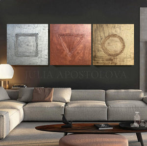 Gold Wall Art Set of Original 3d Minimalist Paintings, Gold Copper Silver Wall Art Triptych Abstract