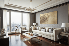 Modern living room with a large window, gray walls, a beige sofa, and a 3d gold sculptured wall art, by artist Julia Apostolova