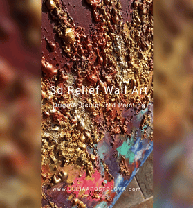 Close ups of Gold and copper rich 3d-relief-textures and colorful part of the original sculpture painting, signed by artist Julia Apostolova