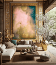 Coral Teal Wall Art, Large Abstract Earth Tone Painting, Celestial Canvas Print, Modern Trend Decor