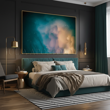 A large framed abstract wall art print with swirling teal, blue, cream, and gold tones hangs above a bed in a modern dark bedroom. The room includes a teal upholstered bed frame, neutral bedding, a black-and-white striped rug, gold wall sconces, and dark green curtains.