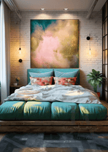 A modern bedroom featuring a low wooden platform bed with teal bedding, a large abstract canvas painting in pink, gold, and teal tones on a white brick wall, and warm wall-mounted lighting.