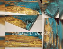 Close up details of stretched Teal Gold Abstract canvas art by Julia Apostolova with gold leaf details and text 'Ready to Hang with Gold Leaf Details'.
