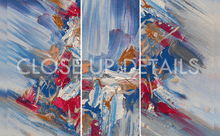 Abstract triptych canvas wall art featuring expressive brushstrokes in blue, white, dark berry pink, gold and silver, with a large semi-transparent watermark reading 'CLOSE UP DETAILS' across the center.