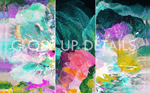 Three vertical panels showing abstract colorful artwork with paint-like textures and splashes of teal, purple, pink, yellow, green, and white. Large semi-transparent text reading 'GET UP DETAILS' overlays the center.