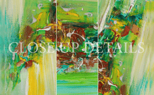 Abstract three-panel canvas wall art featuring expressive brushstrokes in green, yellow, brown, white, and brown, with a large translucent watermark reading 'CLOSEUP DETAILS' across the center.
