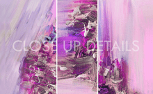 Abstract triptych painting in shades of lilac, pink, purple, and silver with thick textured brushstrokes and a semi-transparent 'CLOSE UP DETAILS' watermark across the center.