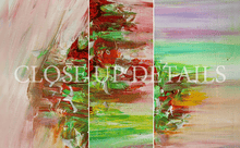 Close up details of abstract painting with three vertical panels showing textured brushstrokes in pink, green, red, yellow, and lavender, with a large white 'CLOSE UP DETAILS' text overlay.
