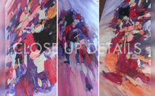 Close up details of an abstract painted artwork with thick impasto brushstrokes in pink, purple, red, black, white, and orange. A large semi-transparent watermark reading 'CLOSE UP DETAILS' overlays the center panel.