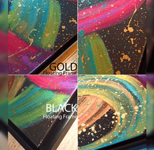 Close-up of 'Dance With Me' abstract painting showing fuchsia pink, sage green-turquoise, and gold splashes on a black background, showcasing celestial vibes.
Close up details of painting featuring bold various colors including fuchsia pink, gold, sage-turquoise, and black, with splash gold over, with black and gold floating frame.