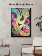 A modern abstract botanical painting with Premium Italian wooden floating black frame, featuring bold various colors including fuchsia pink, gold, sage-turquoise, and black, with splash gold over.
Perfect for modern or contemporary home décor.