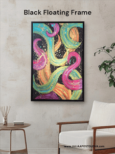 A modern abstract botanical painting with Premium Italian wooden floating black frame, featuring bold various colors including fuchsia pink, gold, sage-turquoise, and black, with splash gold over.
Perfect for modern or contemporary home décor.