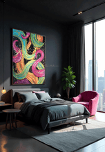 A modern dark living room with abstract painting on the dark wall featuring bold various colors including fuchsia pink, gold, sage-turquoise, and black, with splash gold over and black floating frame.
The room has a dark modern sofa, a modern wooden coffee table, a large fuschia pink velvet armchair, and floor-to-ceiling windows overlooking a city with skyscrapers, creating a stylish and visually striking interior design in daylight . 
